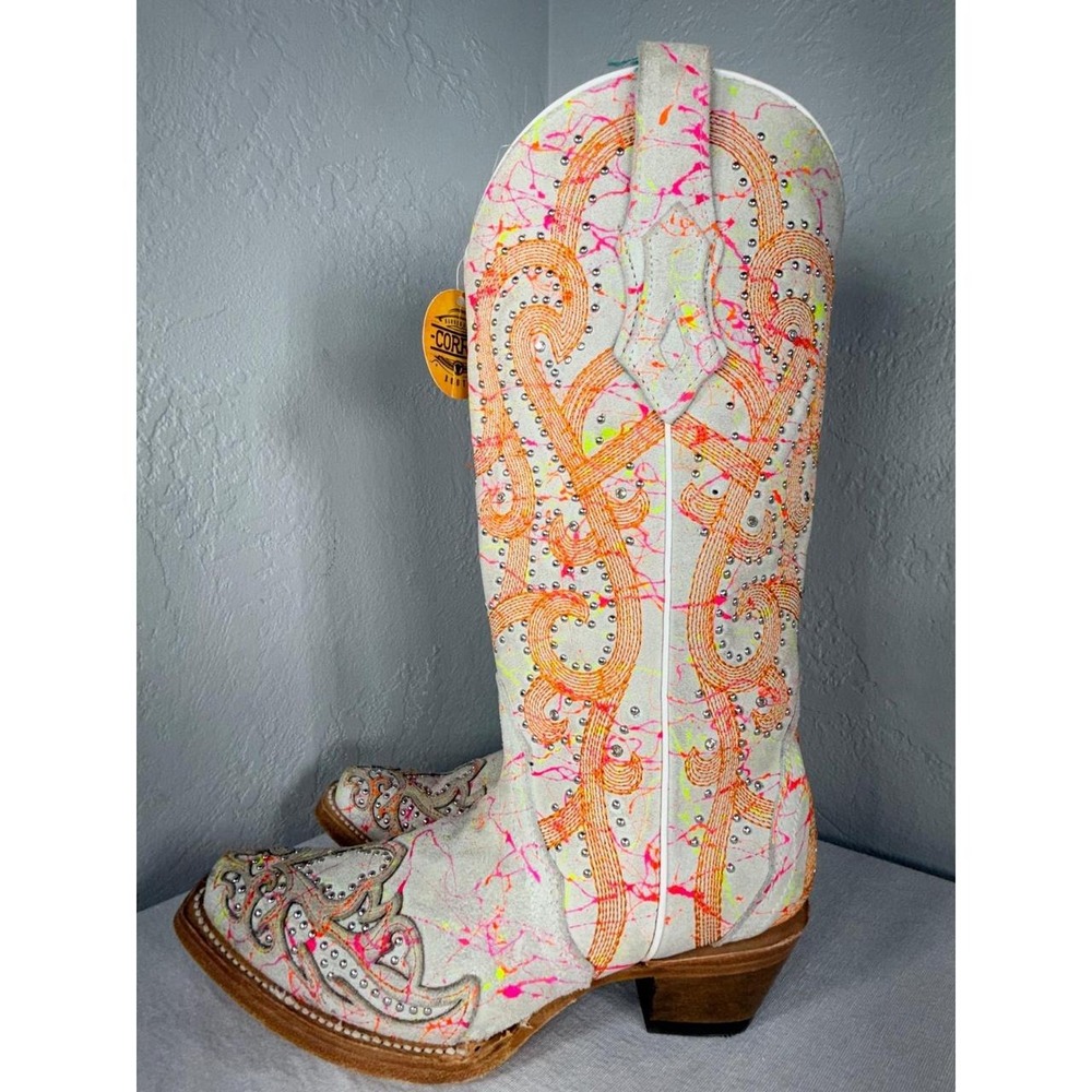 Corral Neon Paint Splatter Studded Leather Western Boots C3980 White Pink 6.5M